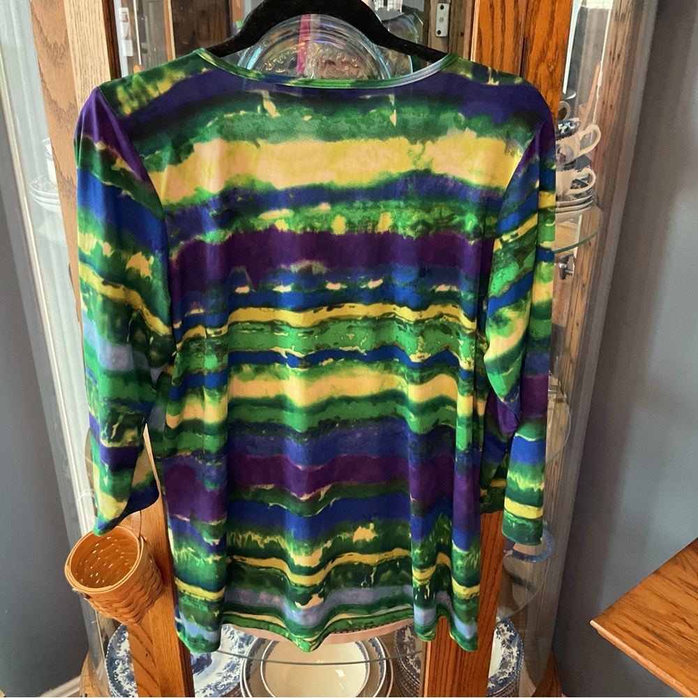 Susan Graver  Striped V-Neck Top in Green, Blue & Purple XL - Picture 2 of 6
